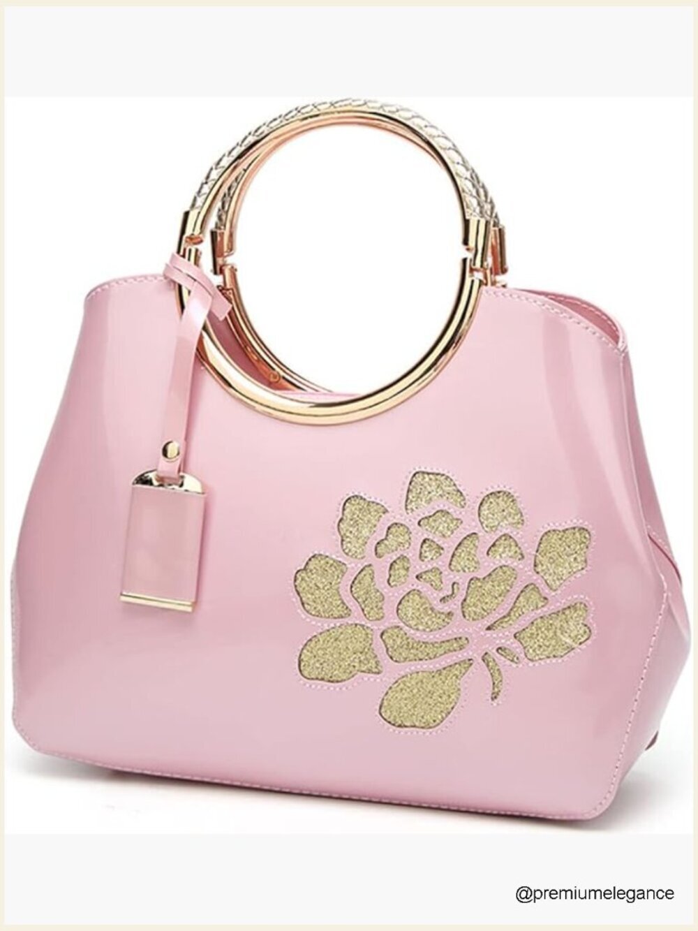 Patent Leather Flower Satchel Charm Glossy Purse Metal Grip Structured Shoulder